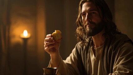 Man Jesus at the Last Supper, breaking bread with apostle during biblical times. Christian religion, holy communion footage.