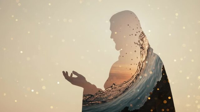 Silhouette of a man with water pouring, showing living water concept. Religious christian background for spiritual renewal and baptism footage.