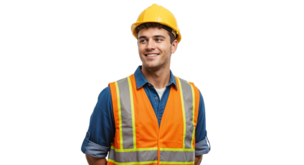 Construction worker in safety gear smiling confidently indoors at a workplace site during the day