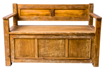 Old wooden storage bench with a back and armrests isolated with transparent background
