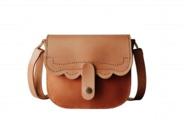Handcrafted tan leather scalloped edge crossbody bag isolated on transparent background