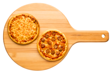 Cheese and sausage mini pizzas served on a wooden pizza paddle isolated with transparent background