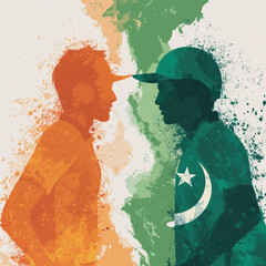 Match design concept India vs Pakistan with creative illustration of player silhouette, national flags background, Asia Cup rivalry drama