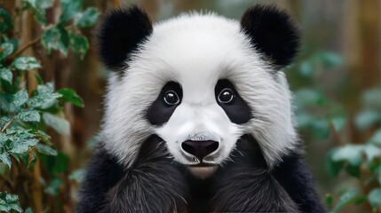 Fototapeta premium Surprised panda with amazed reaction concept. A cute panda bear showcasing its playful personality in nature.