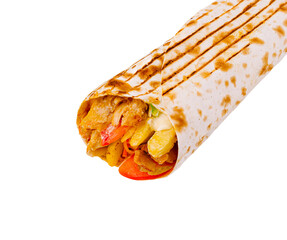 Delicious grilled chicken wrap filled with fresh vegetables and sauce