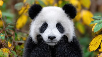 Obraz premium Surprised panda with amazed reaction concept. A cute panda sitting amid colorful autumn leaves in nature.