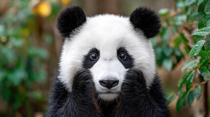 Fototapeta premium Surprised panda with amazed reaction concept. Adorable panda exhibiting playful curiosity in a natural setting.