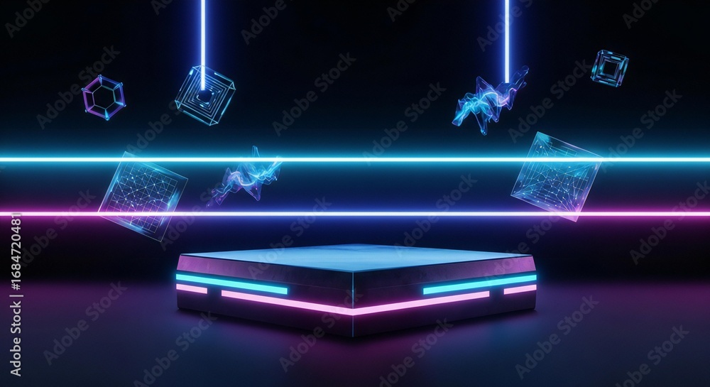 Poster dynamic neon stage with floating abstract geometric shapes and glowing lines, perfect for tech prese