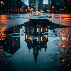 A Haunted House Reflected in a Puddle on a Wet City Street at Night.