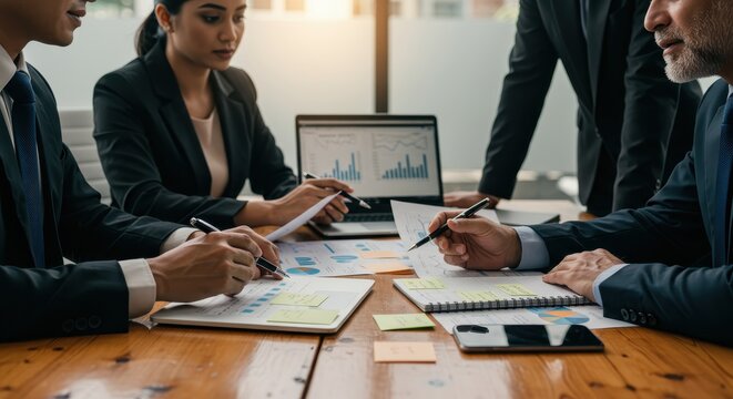 Business team collaborating intently over financial documents, reviewing graphs and charts on a wooden conference table.