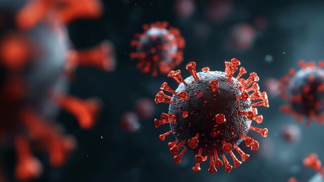 Red virus in a dark background, close-up view with a blurred group of medical masks in various sizes and color combinations