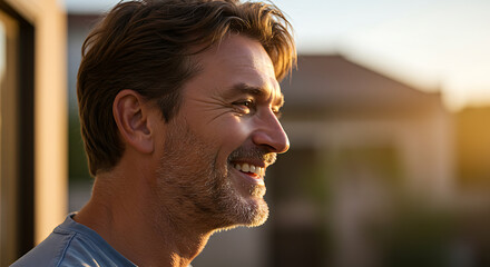 Joyful middle-aged man with weathered smile bathed in warm golden hour sunlight