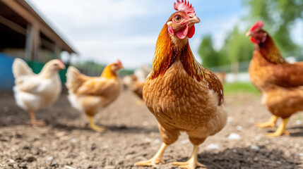 Fototapeta premium Free-range chickens displaying colorful plumage with small chicks nestling together, representing pastoral farm environment and natural poultry raising techniques