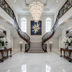 Elegant Foyer with Grand Staircase and Chandelier
