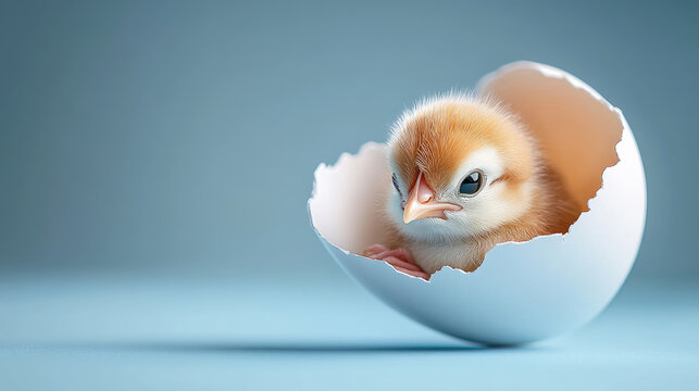 Fluffy newborn chick hatching from cracked eggshell against soft blue backdrop, symbolizing birth, farm life, seasonal celebration - Powered by Adobe