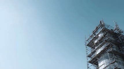 Workers on extensive scaffolding elevate a modern building against a vast clear blue sky signifying progress and urban development