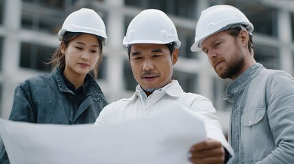 A multi ethnic team of construction workers and engineers in hard hats collaboratively review blueprints at an active building site