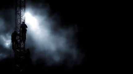 Workers diligently climbing a tall industrial lattice tower at night illuminated by a powerful spotlight cutting through dense fog and mist