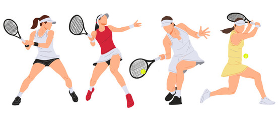 Flat vector set of female tennis players in different action poses with rackets and balls. Concept of sport, training, fitness, competition, and athletic performance.
