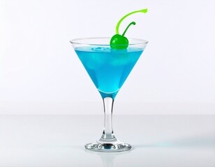 Vibrant blue cocktail with a bright green cherry garnish in a martini glass.
