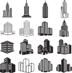 Black and White Building Icons: Vector Set of City Skyscrapers, Modern Architecture, and Urban Design Elements for Graphics and Logos