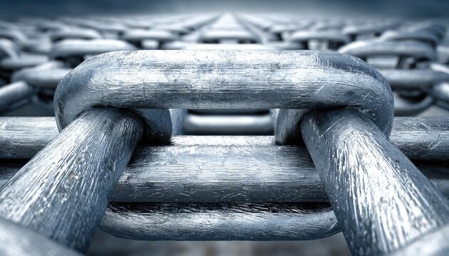 Close-up of interlocking metal links receding into the distance