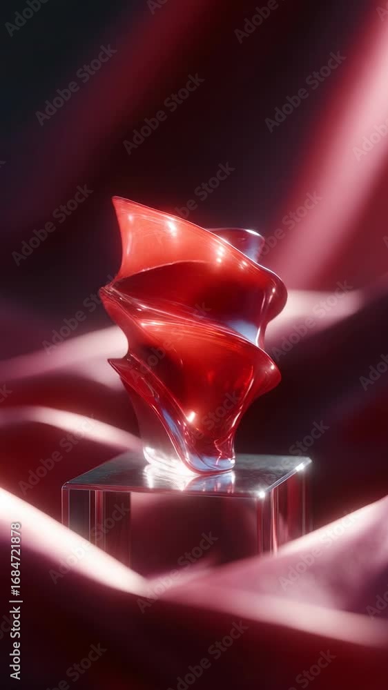 Aufkleber stunning red abstract sculpture displayed on glossy surface with flowing fabric background