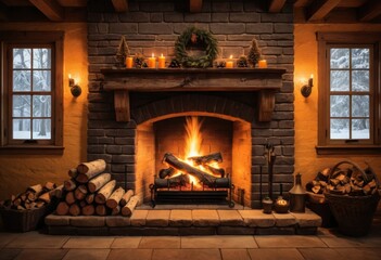 Cozy Rustic Fireplace with Burning Logs and Winter View Through Windows in a Warm, Inviting Living Room
