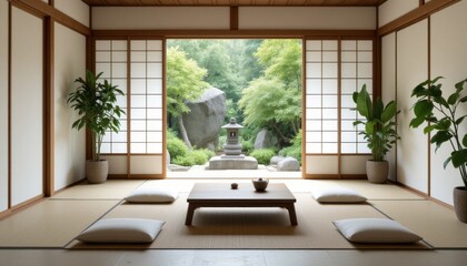 Naklejka premium Serene Japanese Zen Room with Tatami Mats and Garden View for Tranquil Living and Meditation