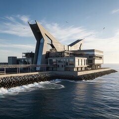 Modern coastal research facility with dramatic architecture