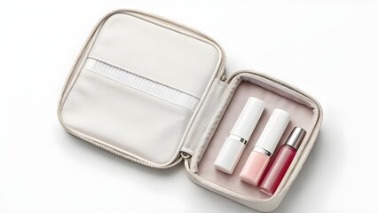 Stylish Lip Gloss Travel Kit Mockup Featuring A Blank Cosmetic Pouch Displayed Open On A Bright White Background, Perfect For Modern Cosmetic Branding, Packaging, And Product Showcase