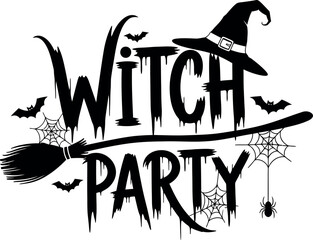 Witch party text design with witch hat broom and spooky bats for halloween celebration vector