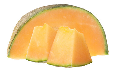 fresh cantaloupe slice and chunks on dark background