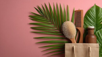 Eco-friendly hair care products in a bag with palm leaves