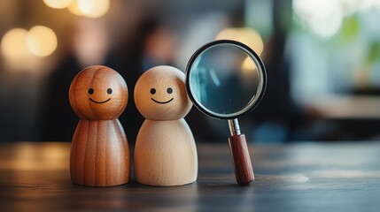 Wooden figures with magnifying glass on table.