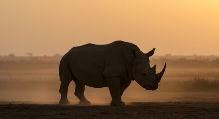 Fototapeta premium Majestic rhinoceros silhouetted against a dusty golden sunset