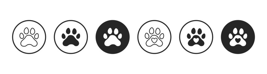 Dog and cat paw print icon set with cute animal footprints, silhouette, cartoon illustration in circle and wild track design. Vector template on transparent background.