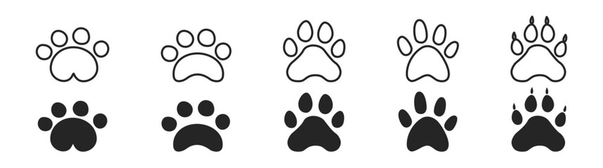 Fototapeta premium Animal paw print icon set with dog, cat, puppy and wild animal tracks. Vector illustration, silhouette and template design on transparent background.