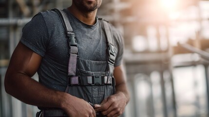 A dedicated worker meticulously adjusts his safety harness and work overalls preparing for a demanding day on a sunlit construction site