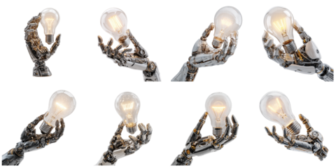 Robot hand grasping lightbulb png isolated in 3d transparent using for presentation.