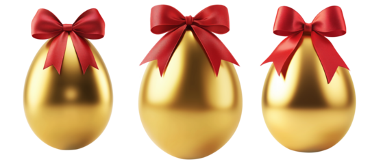 Golden Easter egg with red bow on top, isolated on white transparent background. Symbol of luxury, celebration, and holiday festivity