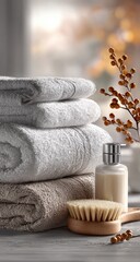 A neat stack of fluffy towels sits beside a lotion pump and a wooden brush, with a branch of berries adding a touch of autumnal flair