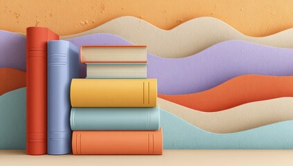 Stacked colorful books against a wavy, pastel background