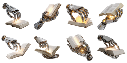 Robot hold the book transparent in png no background for learning decoration.