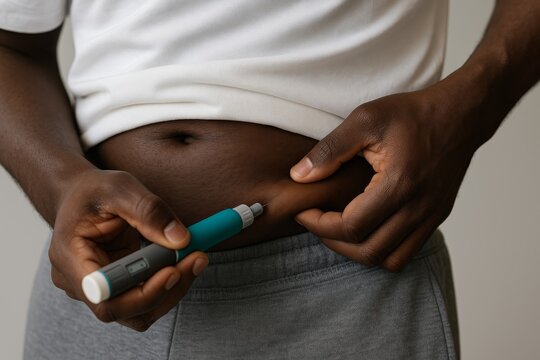 A faceless Black man self-injects a GLP-1 medication pen into his belly. Weight loss treatment using semaglutide