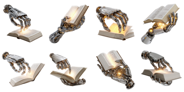 Robot hold the book transparent in png no background for learning decoration.