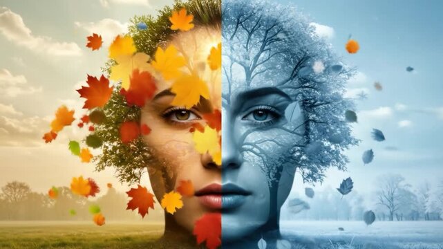 Conceptual seasonal change digital artwork of split face landscape representing fall and winter