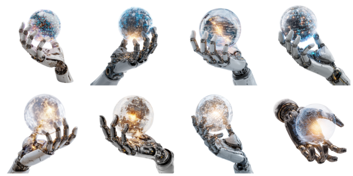 Robot hold the digital orb png in 3d transparent for future presentation.