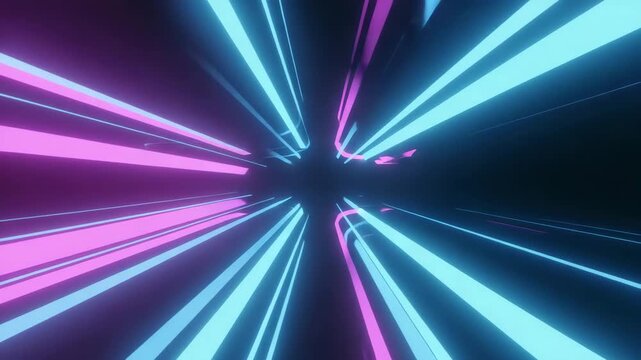 Futuristic neon tunnel with glowing blue and pink light beams illusion of space warp travel - Powered by Adobe