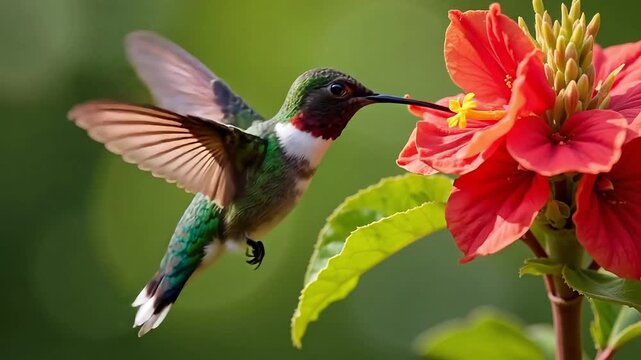Hummingbird drinks nectar from a vibrant red flower with wings blurred in motion